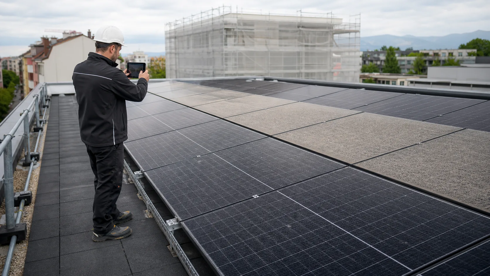 PV-Fachkraft dokumentiert mineralischen Staub auf Solarmodulen neben einem eingerüsteten Gebäude