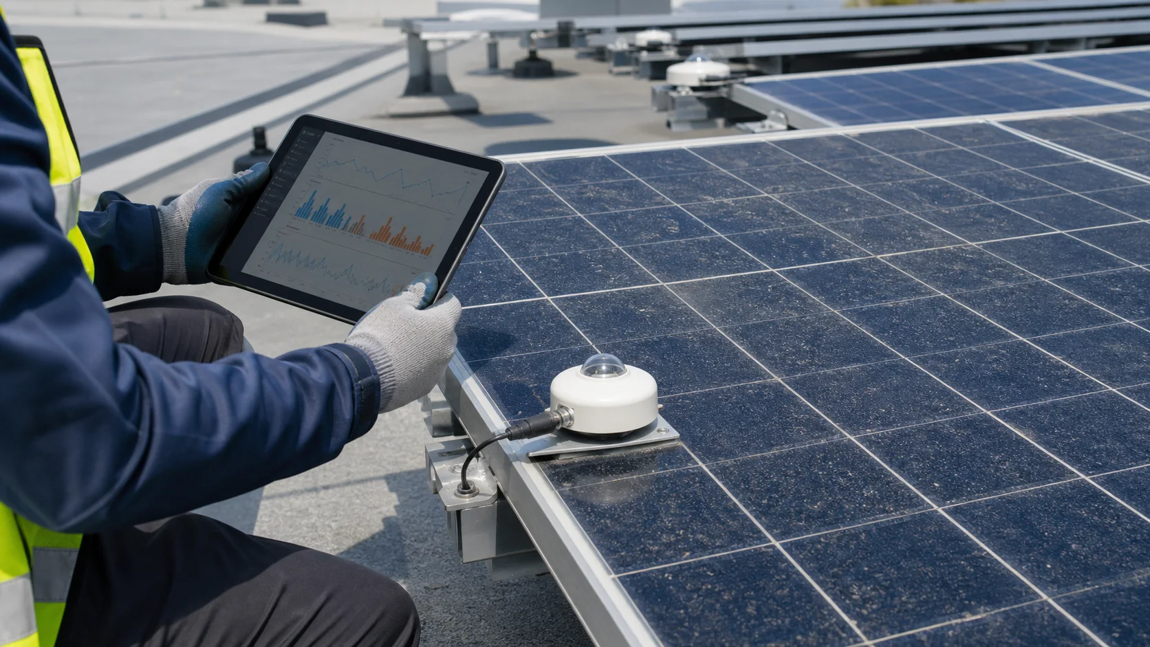 Techniker prueft Referenzsensor und verschmutzte Photovoltaikmodule auf einem sicheren Flachdach