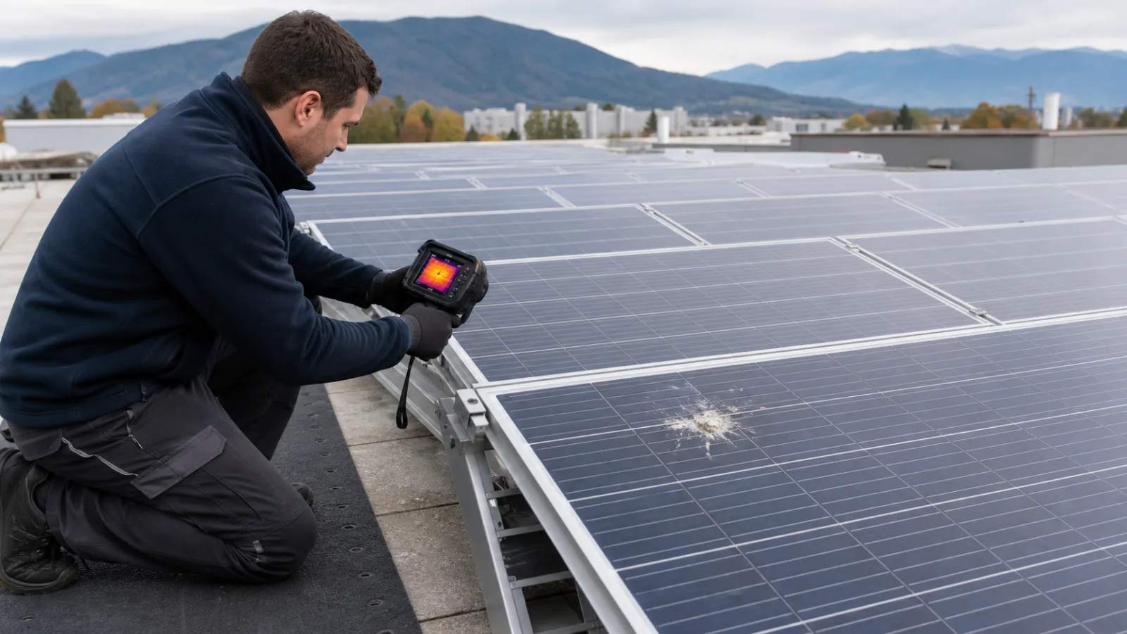Techniker prüft punktuellen Vogelkot auf einem PV-Modul mit einer Wärmebildkamera vom sicheren Dachlaufweg aus